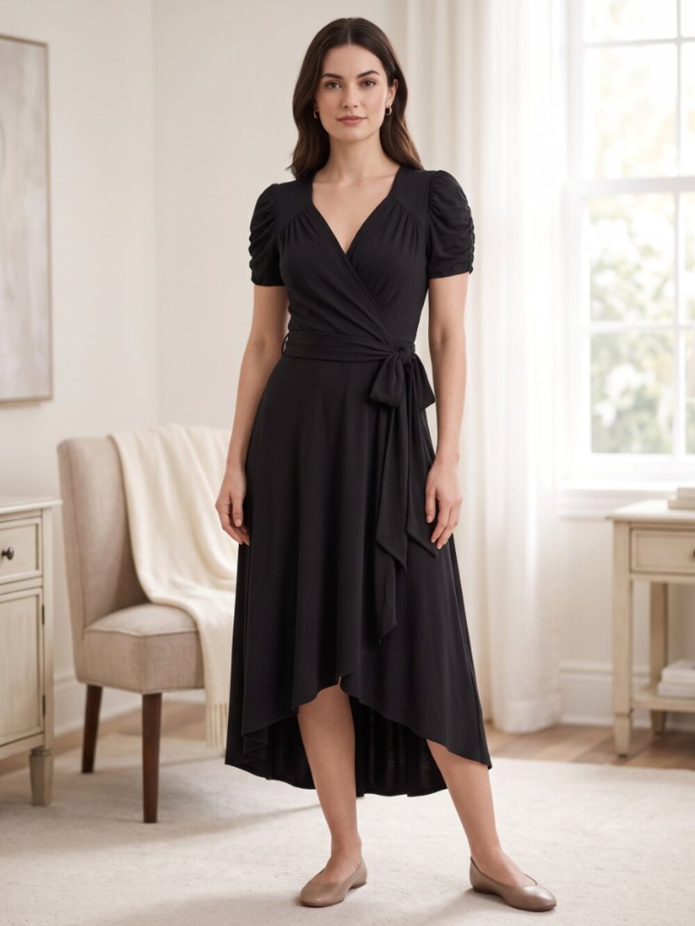 Vintage Bebe Black Wrap Dress Made in USA Rayon Spandex Midi Y2K whimsigoth  M